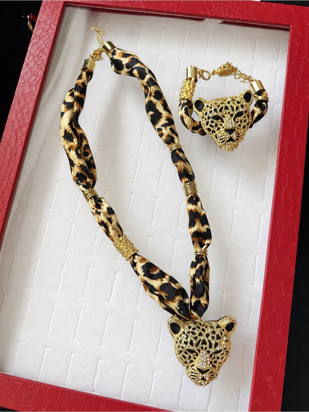 Vintage Silky Leopard Print Panther Necklace & Bracelet Set